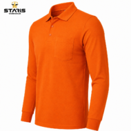 Orange long-sleeve polo shirt with a chest pocket on a white background; Staris Workwear logo top-left.