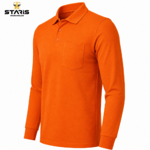 Orange long-sleeve polo shirt with a chest pocket on a white background; Staris Workwear logo top-left.