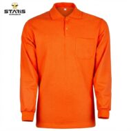 Orange long-sleeve polo shirt with a chest pocket, front view; Staris Workwear branding visible in the top-left corner