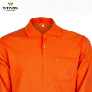 Bright orange polo shirt with a collars, two-button placket and left chest pocket, displayed on a plain background.