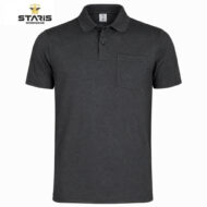 Dark charcoal polo shirt with short sleeves and a left chest pocket, buttoned collar, plain design (men's workwear polo).