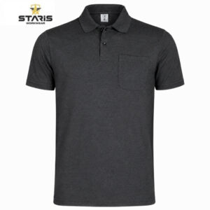 Dark charcoal polo shirt with short sleeves and a left chest pocket, buttoned collar, plain design (men's workwear polo).
