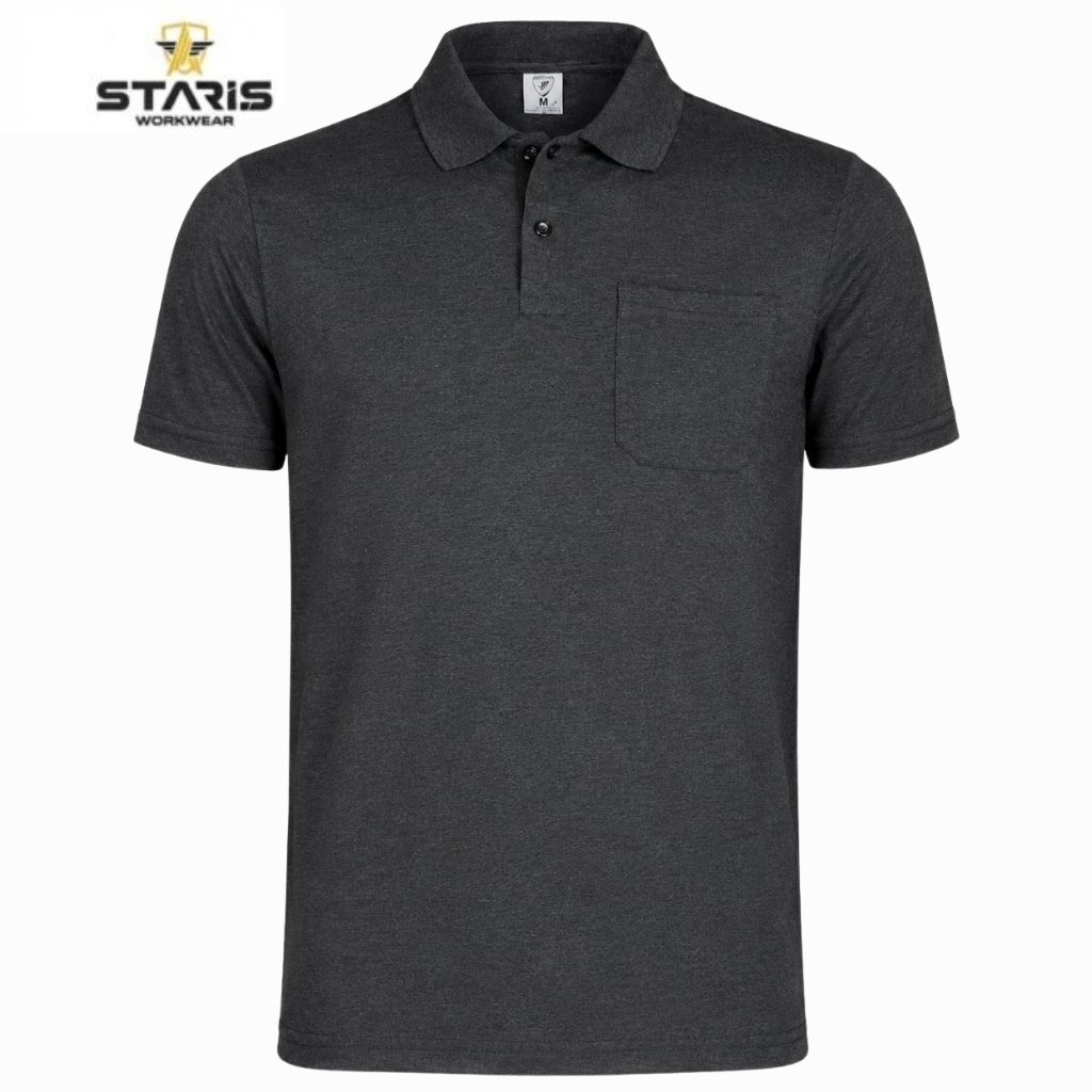 Dark charcoal polo shirt with short sleeves and a left chest pocket, buttoned collar, plain design (men's workwear polo).