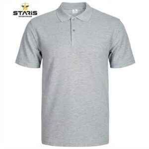 Heather gray polo shirt with short sleeves and a collar on a white background; Staris Workwear logo in the top-left corner.