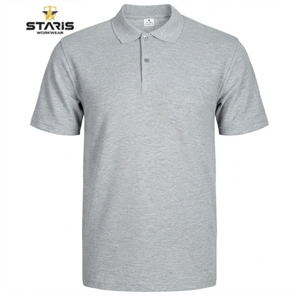 Heather gray polo shirt with short sleeves and a collar on a white background; Staris Workwear logo in the top-left corner.
