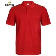 Red polo shirt with short sleeves, collar, and a left chest pocket on a white background (Staris Workwear)