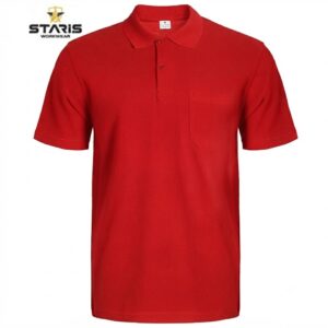 Red polo shirt with short sleeves, collar, and a left chest pocket on a white background (Staris Workwear)
