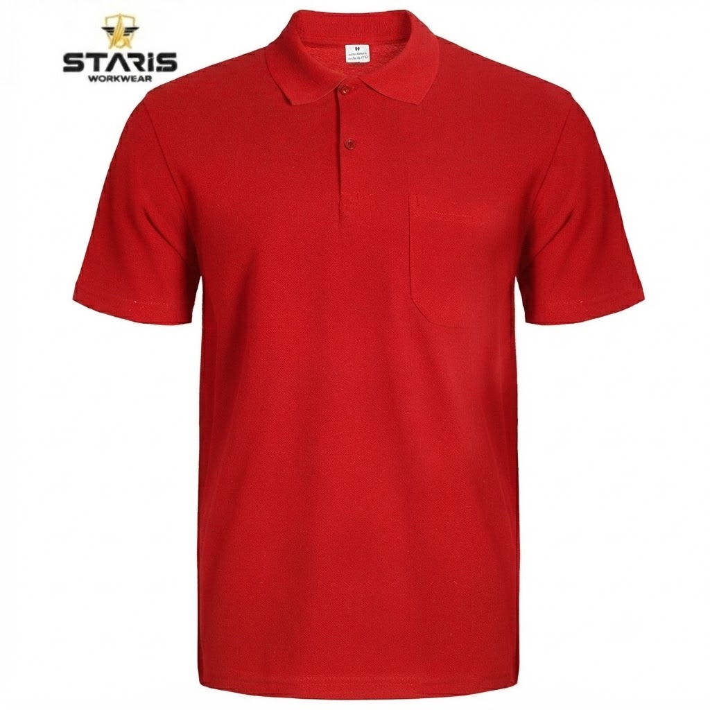 Red polo shirt with short sleeves, collar, and a left chest pocket on a white background (Staris Workwear)
