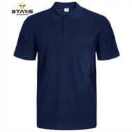 Navy polo shirt with short sleeves and a left chest pocket on a white background.