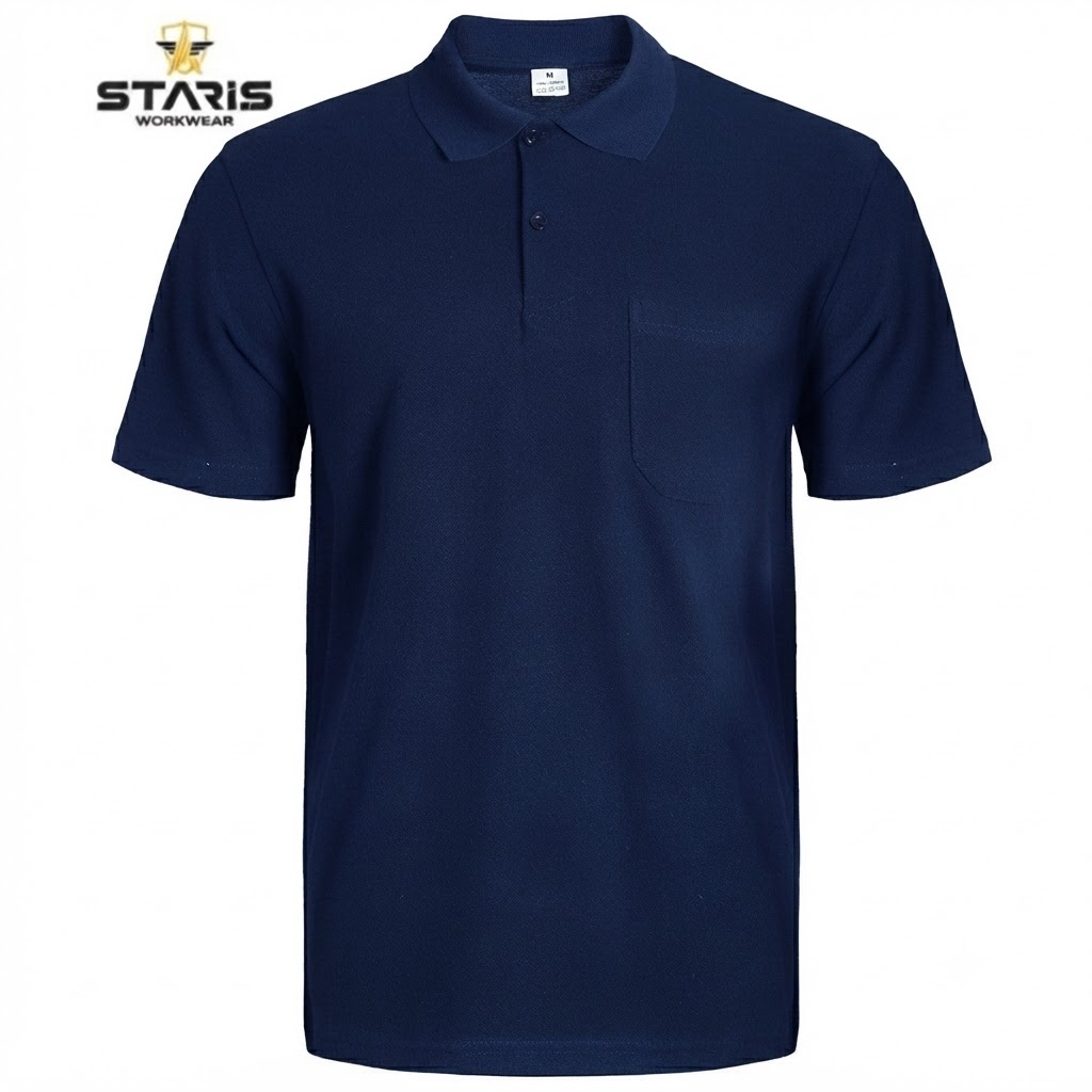 Navy polo shirt with short sleeves and a left chest pocket on a white background.