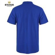 Back view of a royal blue short-sleeve polo shirt on a white background, with a Staris Workwear logo in the top-left corner.