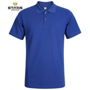 Blue polo shirt with short sleeves and a chest pocket, branded Staris Workwear in the top-left corner