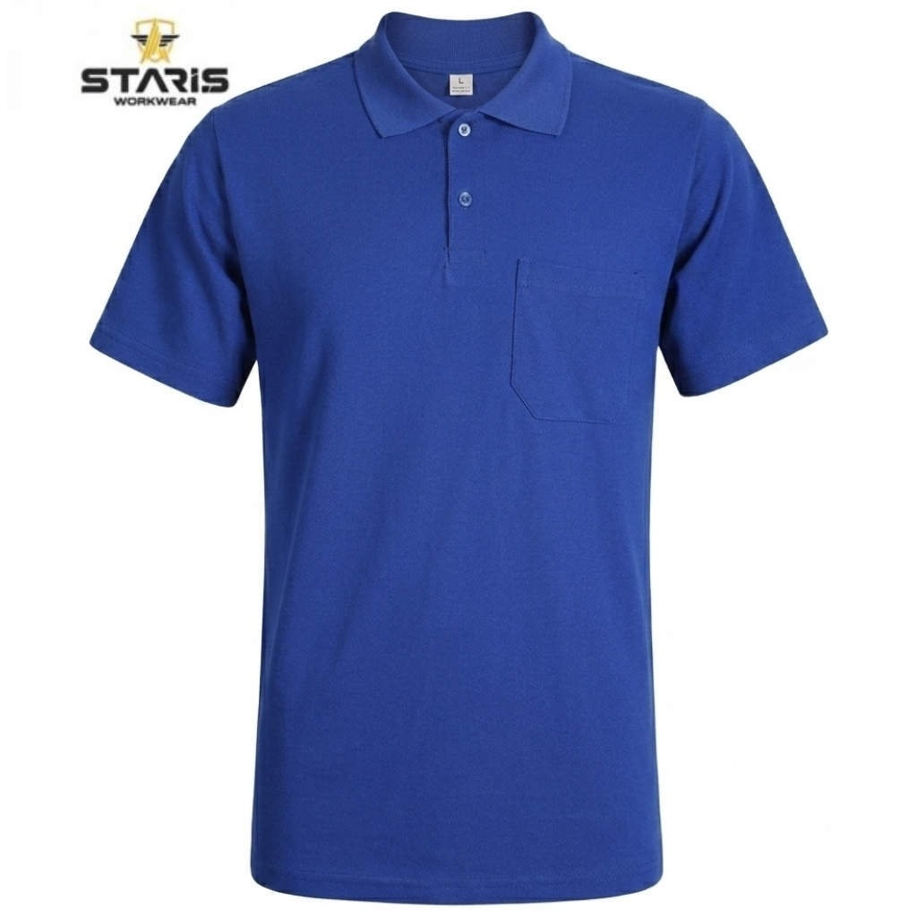 Blue polo shirt with short sleeves and a chest pocket, branded Staris Workwear in the top-left corner