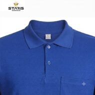 Blue polo shirt with collar, button placket, and chest pocket visible (Staris Workwear branding in corner).