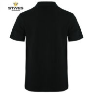 Back view of a black short-sleeve polo shirt, plain design, with the Staris Workwear logo in the top-left corner.