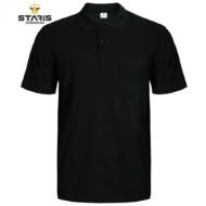 Black polo shirt with short sleeves, collar, and a left chest pocket on a white background.