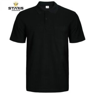 Black polo shirt with short sleeves, collar, and a left chest pocket on a white background.