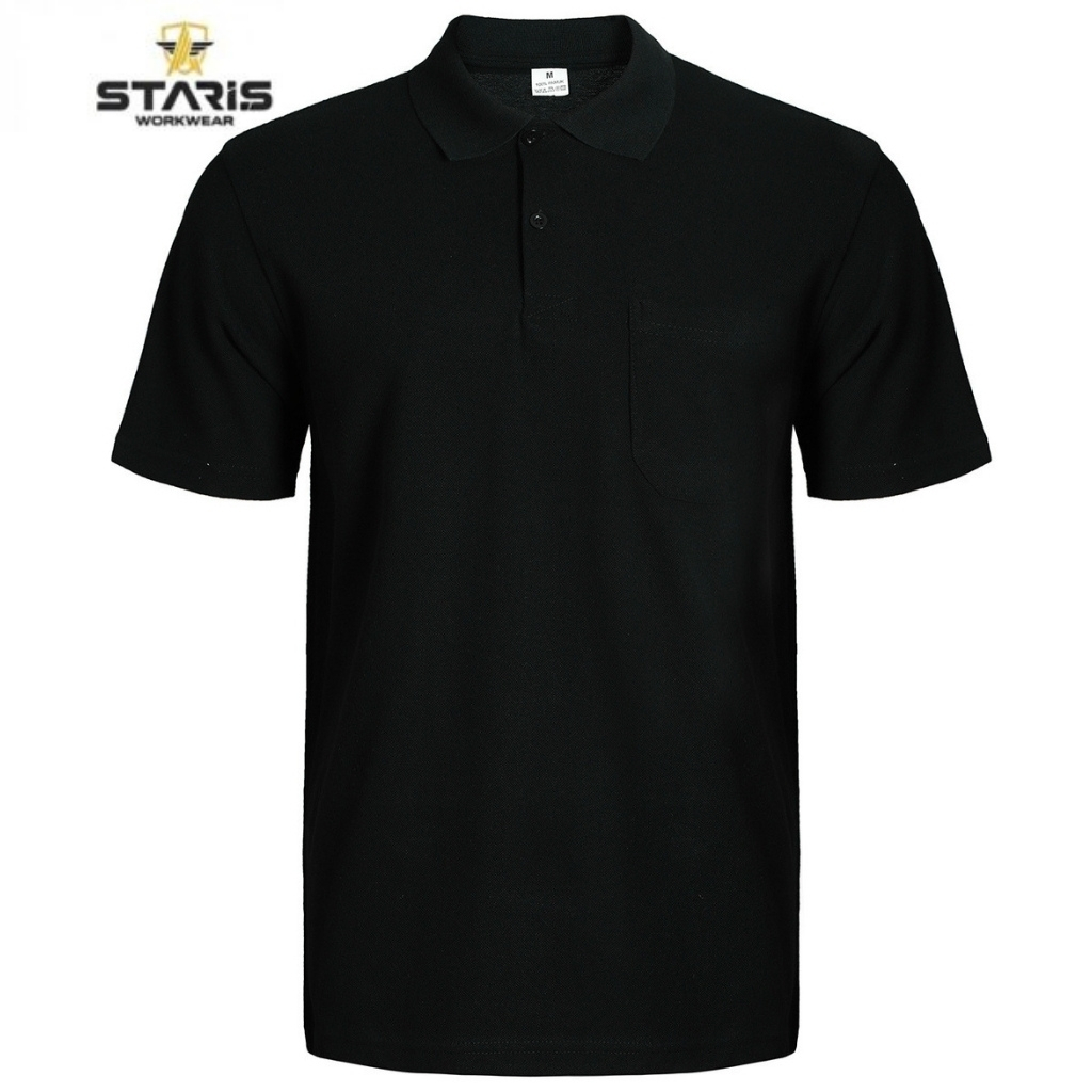 Black polo shirt with short sleeves, collar, and a left chest pocket on a white background.