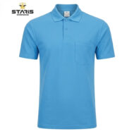 Blue polo shirt with short sleeves and chest pocket, branded Staris Workwear logo in top-left corner (product image).