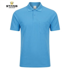 Blue polo shirt with short sleeves and chest pocket, branded Staris Workwear logo in top-left corner (product image).