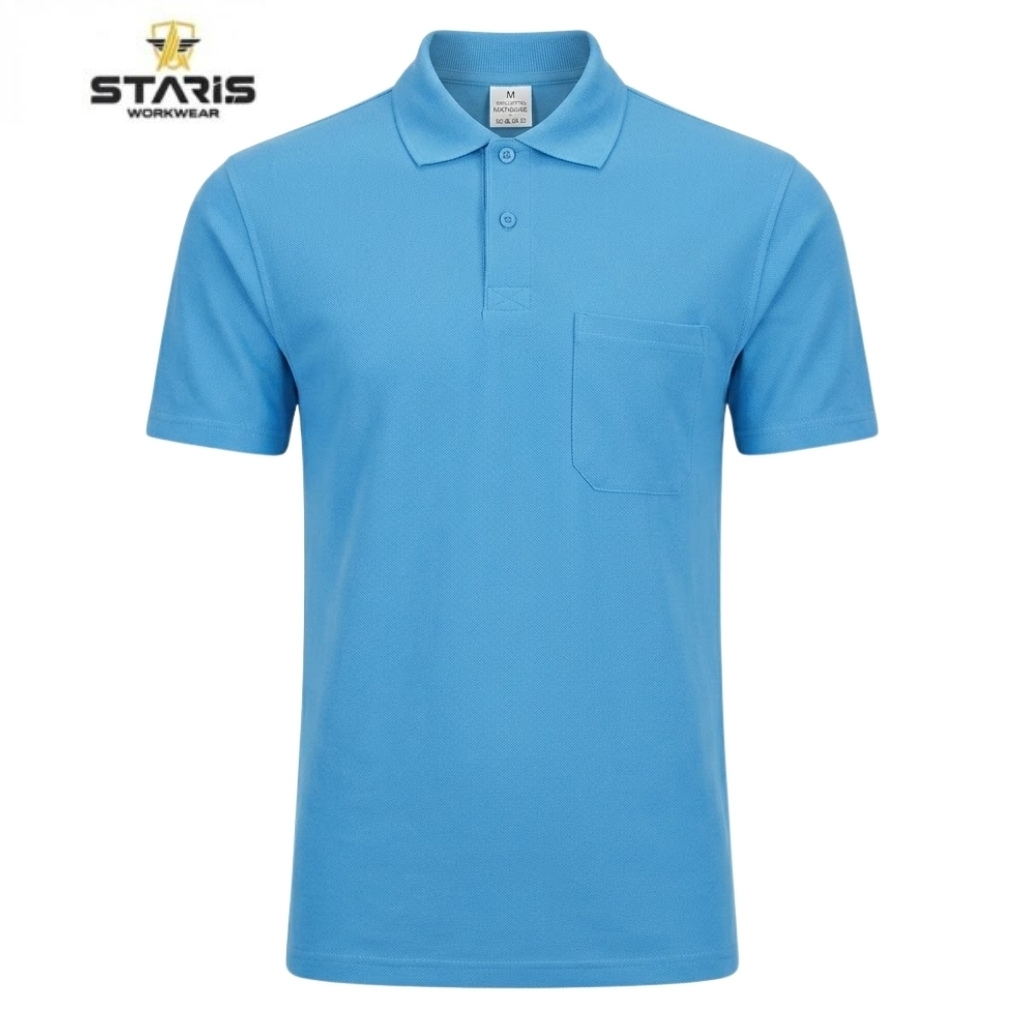Blue polo shirt with short sleeves and chest pocket, branded Staris Workwear logo in top-left corner (product image).