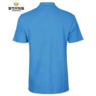 Back view of a blue polo shirt with short sleeves, showing a plain design and a small Staris Workwear logo in the top left corner.