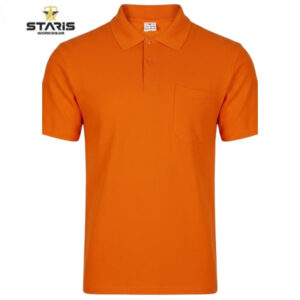 Orange polo shirt with short sleeves and a left chest pocket, featuring STARS Workwear branding.
