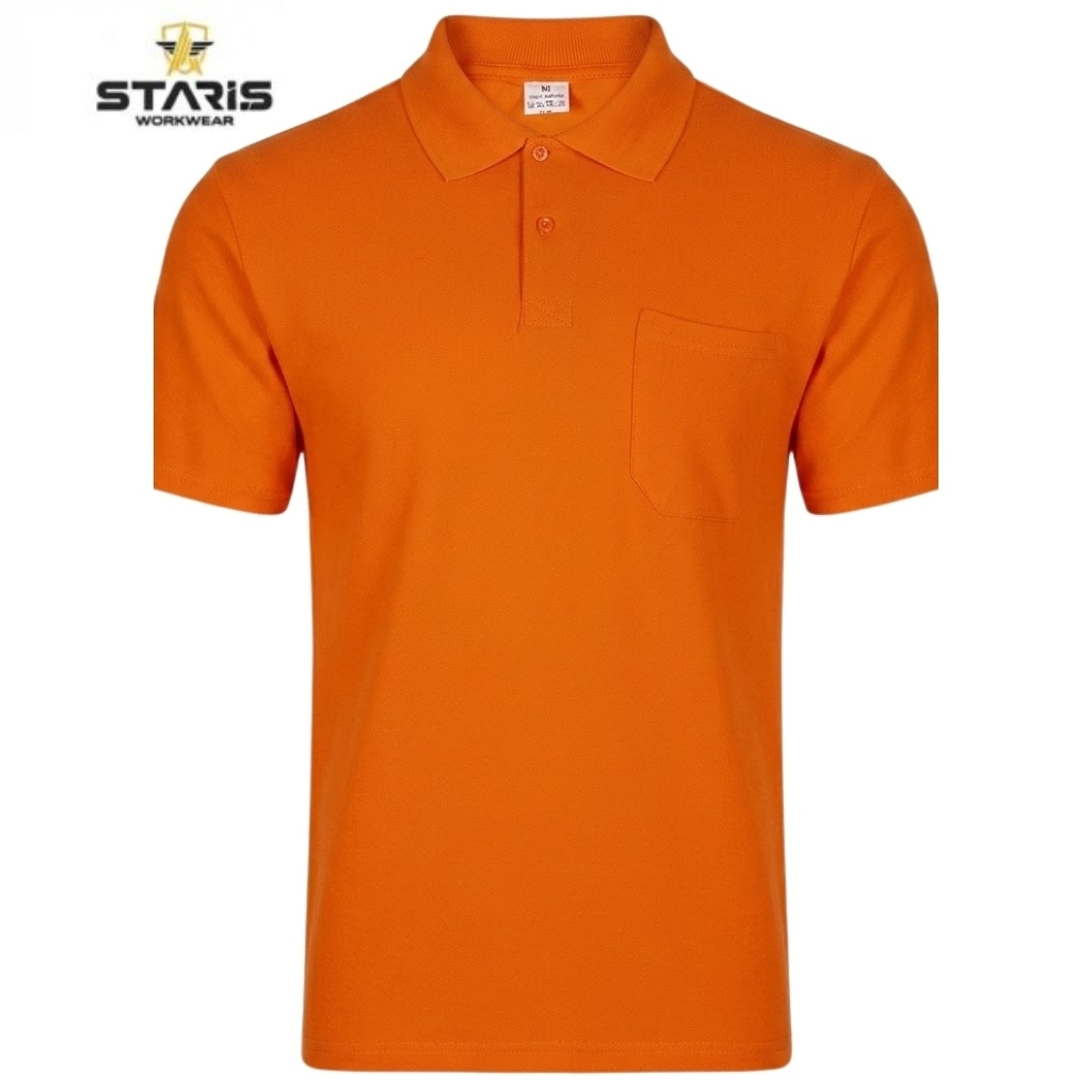 Orange polo shirt with short sleeves and a left chest pocket, featuring STARS Workwear branding.