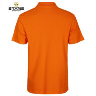 Back view of an orange polo shirt with short sleeves; Staris Workwear logo in the top-left corner.