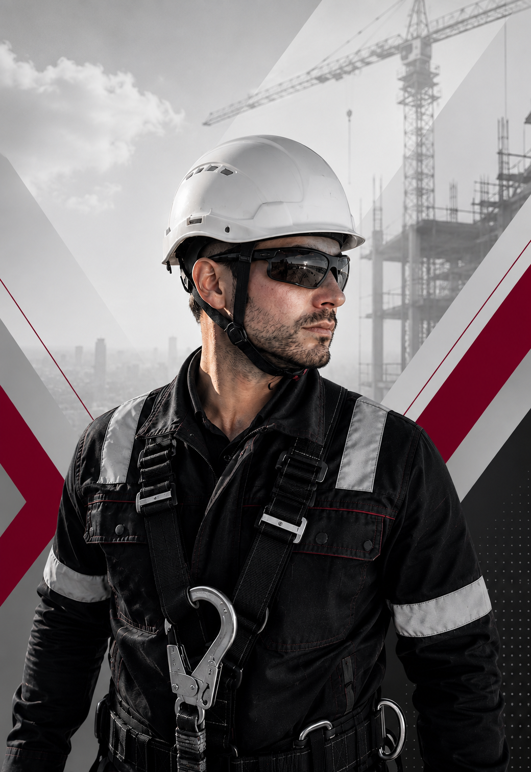 Construction worker wearing white helmet and safety harness, looking to the right, with a crane and building site in the background