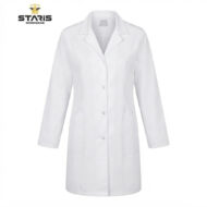 White knee-length lab coat with a button-front closure and two front pockets, branded Staris Workwear logo in the corner.