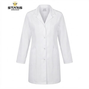 White knee-length lab coat with a button-front closure and two front pockets, branded Staris Workwear logo in the corner.