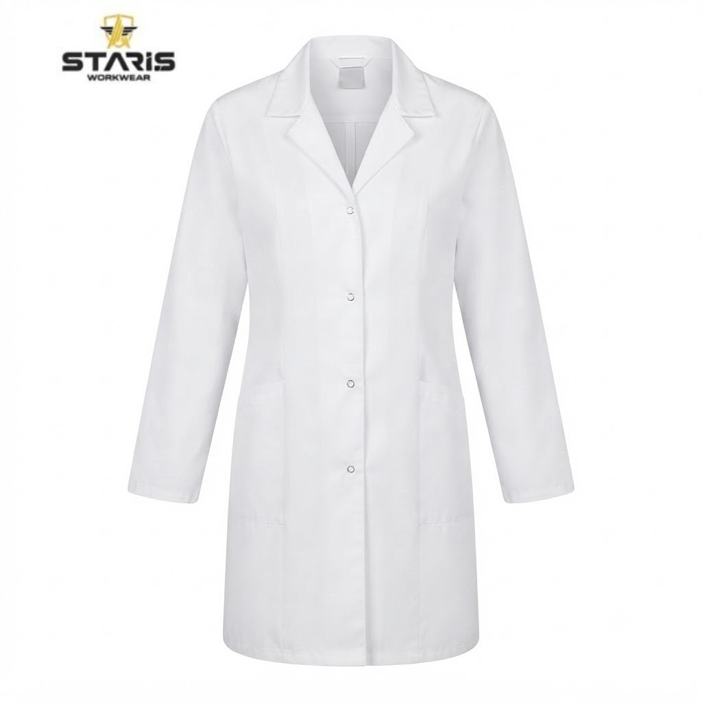 White knee-length lab coat with a button-front closure and two front pockets, branded Staris Workwear logo in the corner.