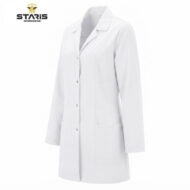 White lab coat on a mannequin with front button closure and large pockets, featuring Staris Workwear logo in top-left corner