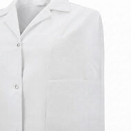 Close-up of a white lab coat chest with a front pocket and button placket detailing the fabric texture and seams
