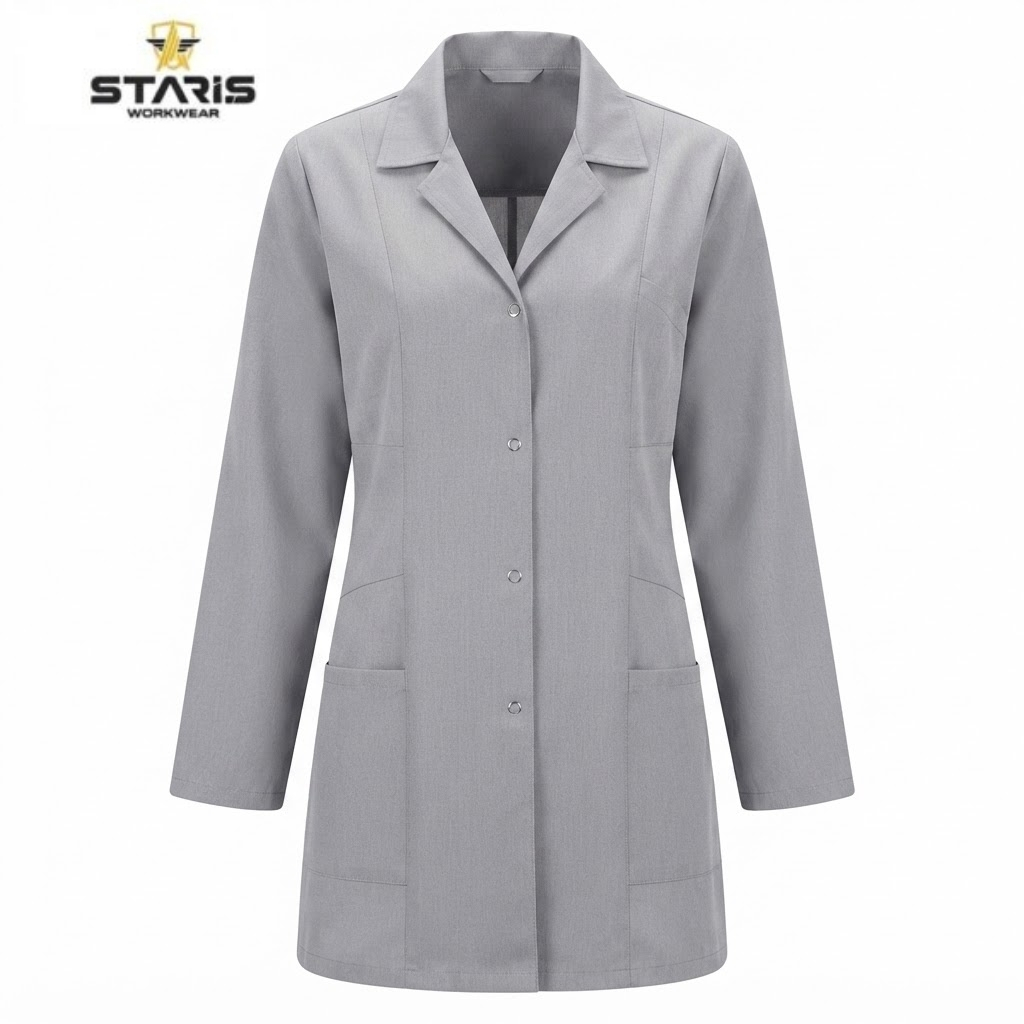 Gray knee-length lab coat with long sleeves, front button closure, and large pockets; Staris Workwear logo in the top left corner
