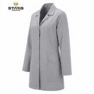 Gray button-front lab coat with multiple pockets, displayed with Staris Workwear branding in the corner.
