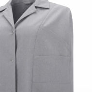 Close-up of a light gray blazer showing the chest pocket and lapel.