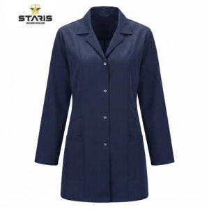 Navy blue lab coat with long sleeves, front button closure, and two large lower pockets, displayed against a white background (Staris Workwear logo top left).