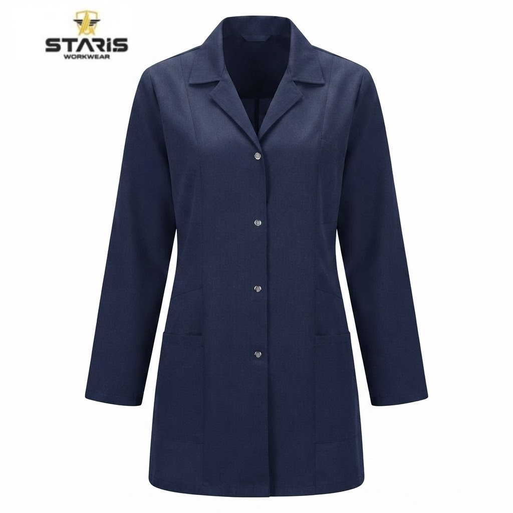 Navy blue lab coat with long sleeves, front button closure, and two large lower pockets, displayed against a white background (Staris Workwear logo top left).