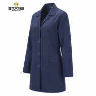 Navy blue lab coat with button-front, long sleeves, and two front pockets, Staris Workwear logo in corner.