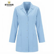 Light blue knee-length lab coat with front buttons and two large patch pockets on a white background (Staris Workwear).