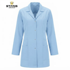 Light blue knee-length lab coat with front buttons and two large patch pockets on a white background (Staris Workwear).