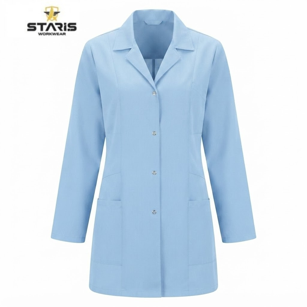 Light blue knee-length lab coat with front buttons and two large patch pockets on a white background (Staris Workwear).