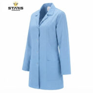 Light blue knee-length lab coat with front buttons and two large pockets, Staris Workwear brand visible in corner