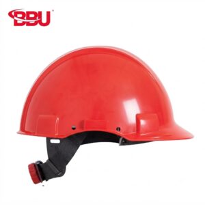 Red hard hat with black chinstrap and adjustable dial at the back, featuring a BBU logo in the corner (construction safety helmet)