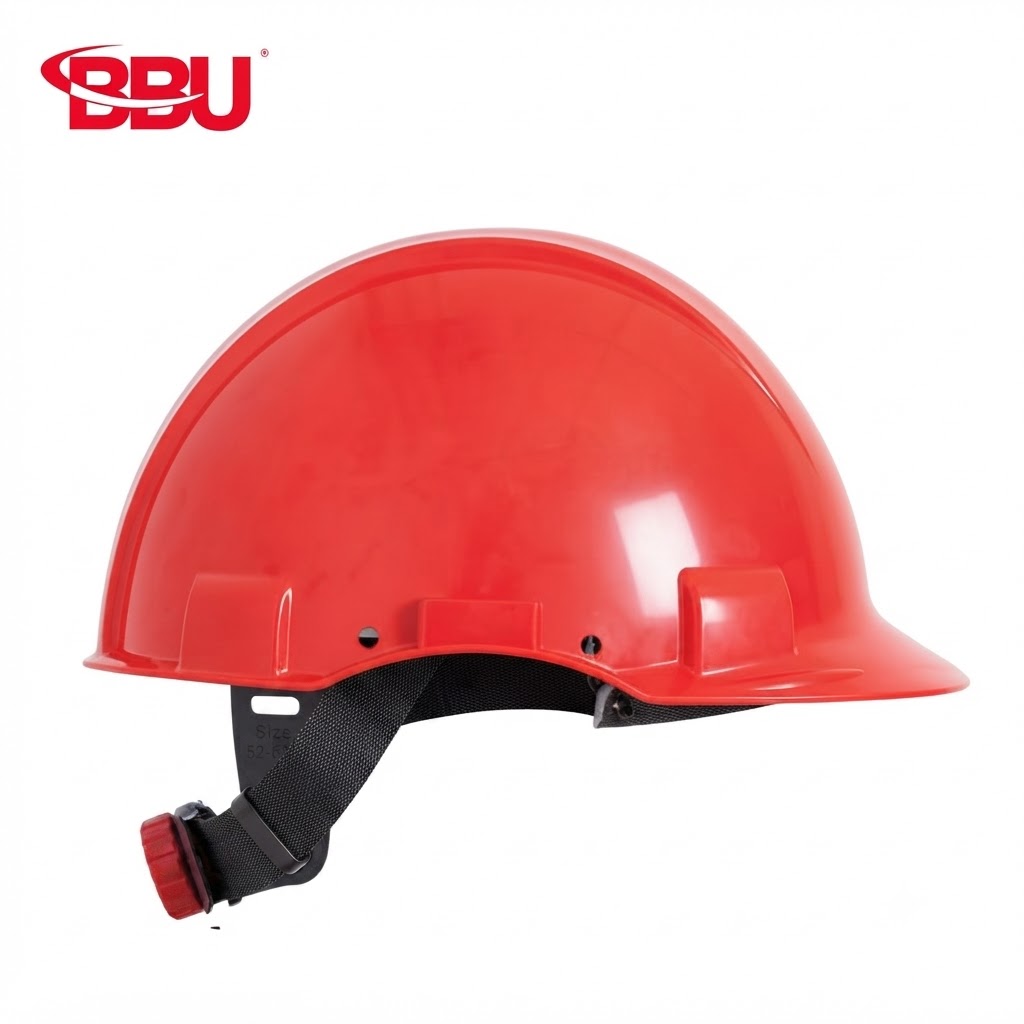 Red hard hat with black chinstrap and adjustable dial at the back, featuring a BBU logo in the corner (construction safety helmet)