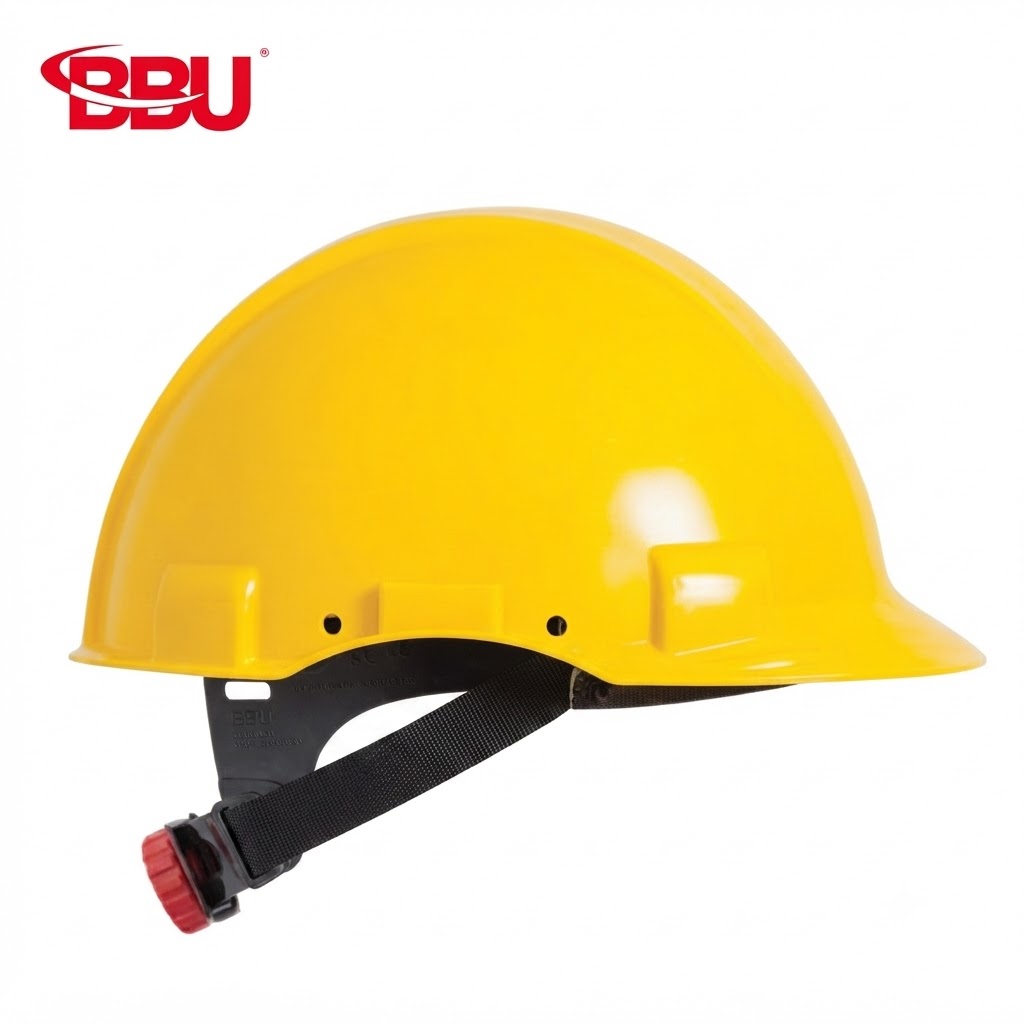 Side view of a yellow safety hard hat with a black chin strap and red adjuster knob on white background.