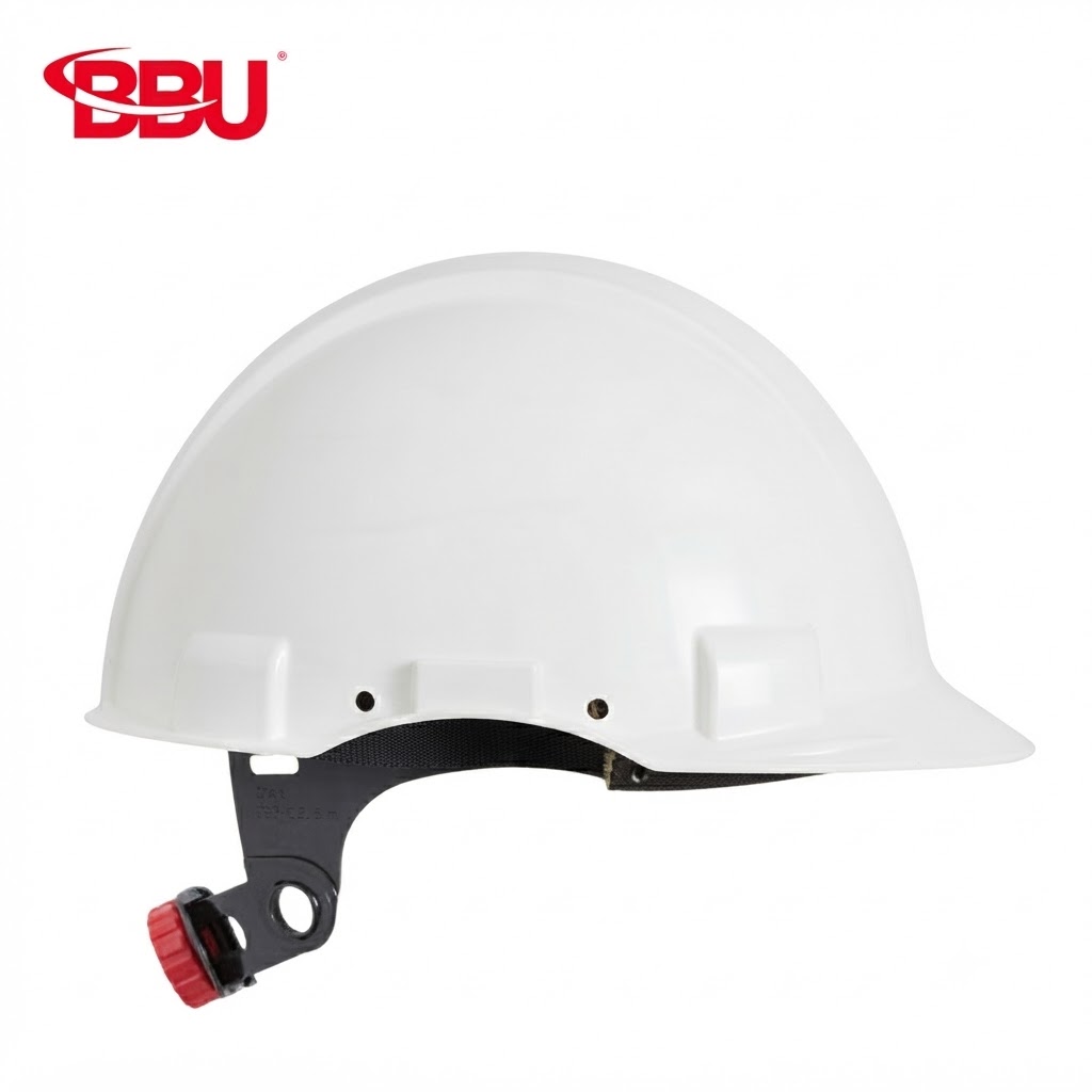 White hard hat with the BBU logo in the top-left corner on a white background