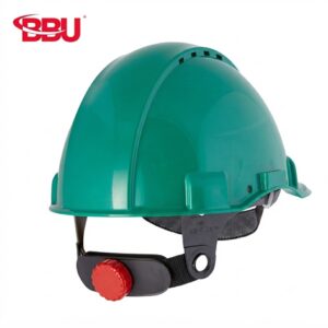 Green hard hat with adjustable chin strap and red tightening dial, used for construction safety (BBU logo visible).